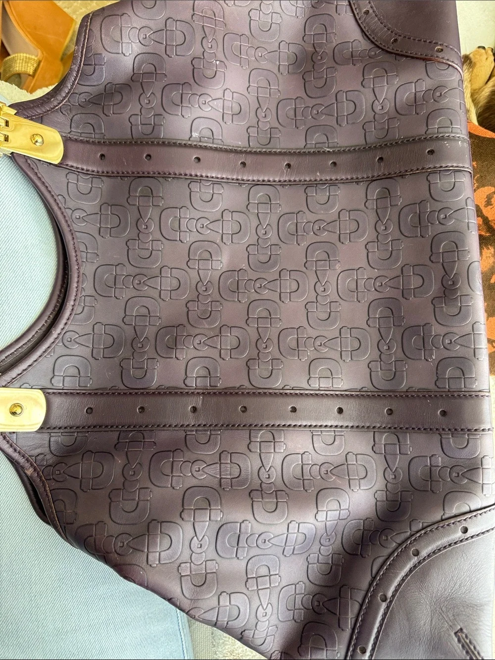 Gucci Vintage Horsebit Monogram Embossed Leather Tote Shoulder Bag Gold Hardware